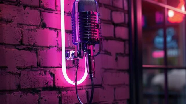 Mic hanging on brick wall, pink glowing light in background. Modern recording studio ambiance.