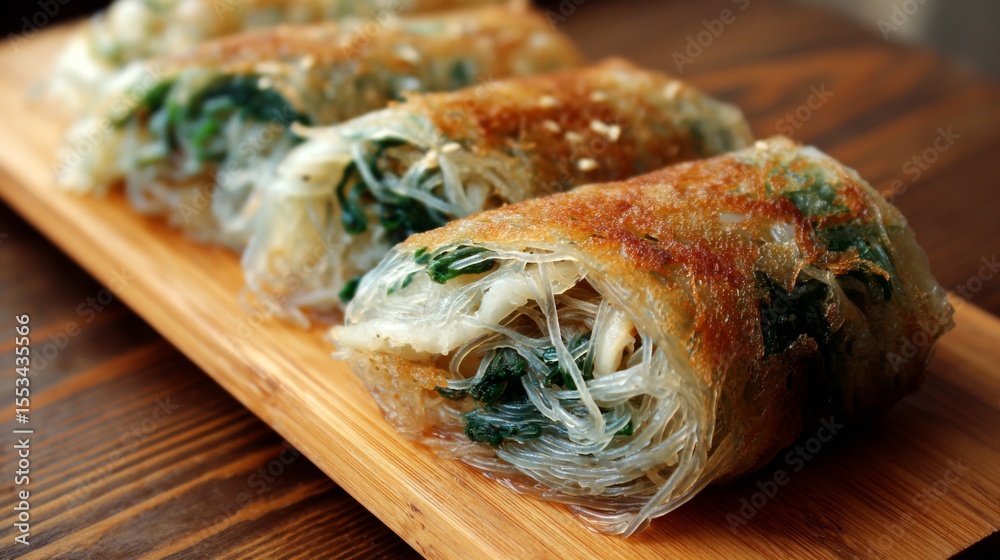 Poster a close-up of a crispy seaweed roll stuffed with translucent glass noodles, showcasing the intricate