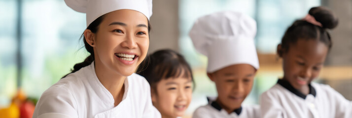 Fototapeta premium A cheerful chef teaches children cooking in a bright kitchen, fostering learning and fun.