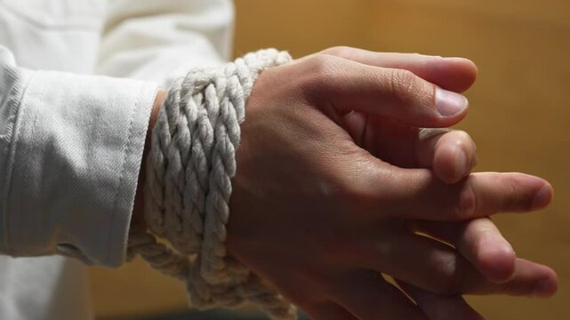 Hands tied with rope.
A man in captivity with tied hands tries to break free and free himself from the rope.
Rope on hands
