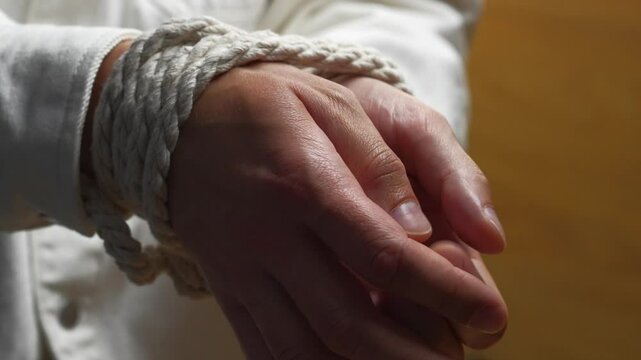 Hands tied with rope.
A man in captivity with tied hands tries to break free and free himself from the rope.
Rope on hands