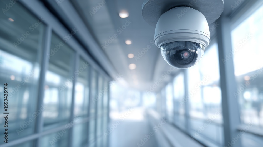 Poster a close-up of a dome-shaped security camera on a smooth metal ceiling inside a sleek, futuristic bui