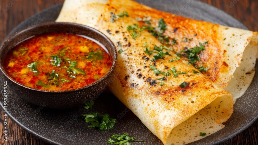 Poster a close-up of a dosa served with a drizzle of ghee, garnished with chopped coriander and accompanied