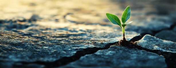Seedling breaking through cracked concrete, surrounded by urban decay, symbolizing resilience and growth in adversity
