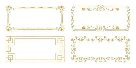 A collection of golden rectangular frames with broken styles and patterns, classical, geometry, romantic, and modern styles.