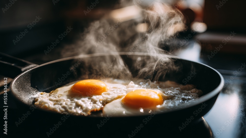 Poster a close-up of a frying pan with two sunny-side-up eggs sizzling in butter, with steam rising, creati