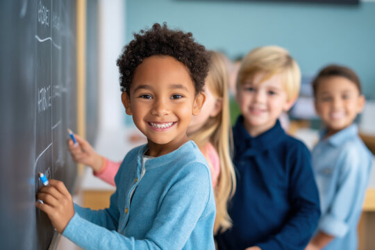 A diverse group of smiling children writing on a classroom chalkboard, engaged and happy in a learning environment.