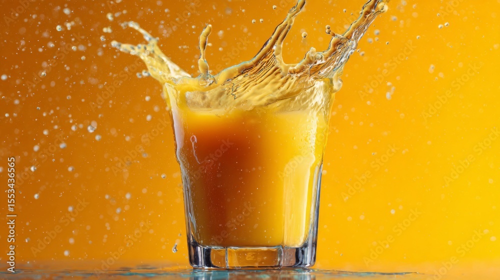 Poster a close-up of a glass of orange juice with a splash of juice pouring in, capturing the dynamic motio