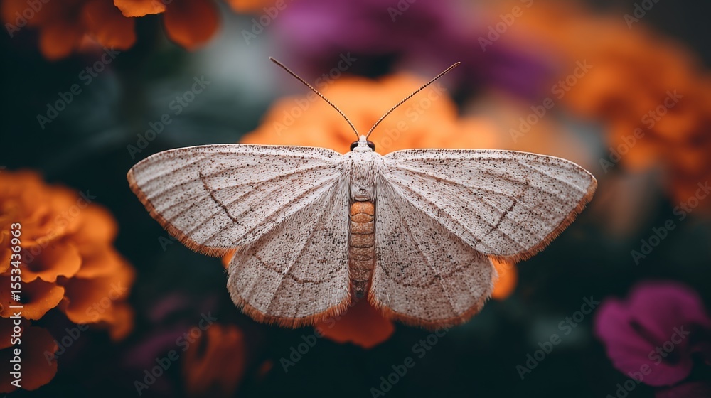 Poster a close-up of a moth resting on a flower petal, showcasing its soft wings and natural colors against