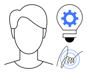 Abstract human face outline, gear inside a lightbulb symbolizing innovation, signature emphasizing idea ownership. Ideal for creativity, innovation, branding, leadership, identity, entrepreneurship