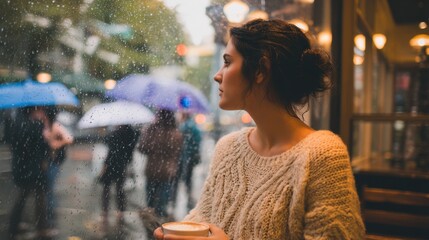 Reflective woman with coffee in cozy sweater gazing out rainy cafe window