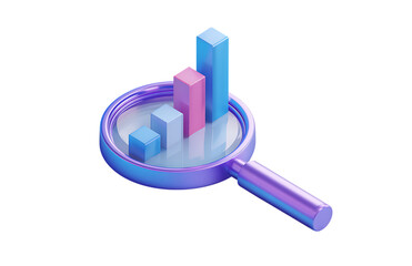 A purple and blue cartoon magnifying glass floating over a bar graph icon, in an isometric design style.