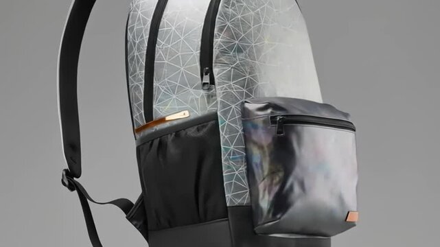 Modern geometric backpack design featuring a reflective surface and intricate patterns