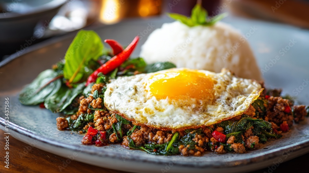 Poster a close-up of a plate of pad krapow moo, featuring stir-fried minced pork with thai basil, served wi