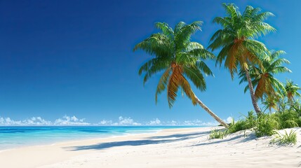 Beautiful white sand beaches, palm trees and clear blue skies. The tranquil summer scene is perfect for vacations, travel poster designs, illustrations, or artwork.