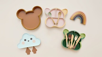 Kids' Mealtime Accessories: Cloud Plate, Ear-Shaped Bowl, Rainbow Spoon Holder, & Frog-Shaped Veggie Dish with Cutlery