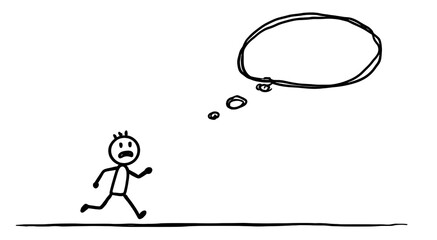 Simple figure walks toward an empty thought bubble