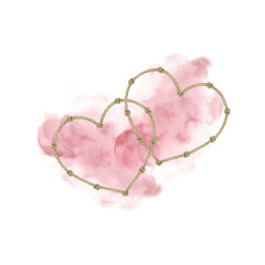 Two hearts made of rope with knots on the background of a pink watercolor spot. For printing, postcards, packaging, covers.