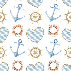 Seamless marine-style background with anchors, life buoys, rudders and hearts with stripes. The color scheme includes blue, white and brown shades. For children's room, fabrics, packaging, covers.