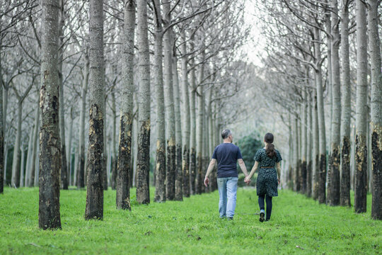 Father and daughter holding hands and walking through aisles of trees