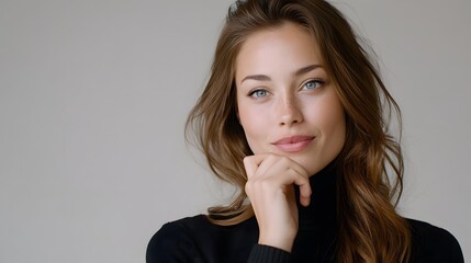 Pensive Young Woman with Beautiful Eyes and Thoughtful Expression Touching Face