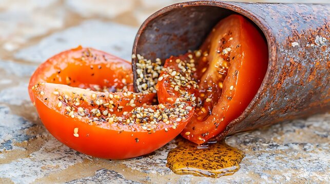 Close-up of smashed ripe red tomatoes spilling over rusty pail on textured stone pavement with seeds and juice visible