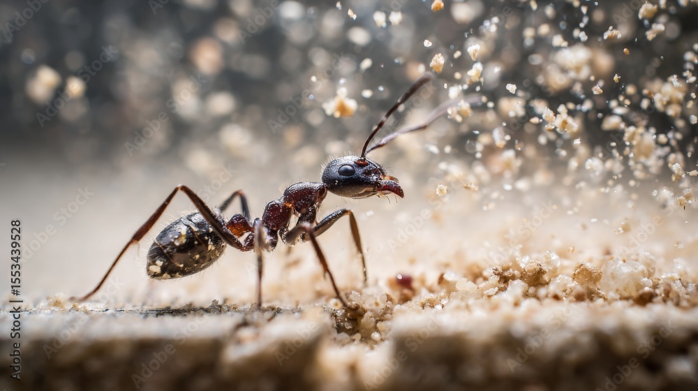Poster a close-up of a worker ant on a rough surface, capturing the texture of its body and the surface det