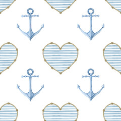 Seamless marine pattern with anchors and striped hearts in blue tones. Watercolor illustration for fabric, wrapping paper, cover.