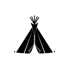 A black and white graphic illustration of a tipi with poles and a triangular shaped entrance © Nur