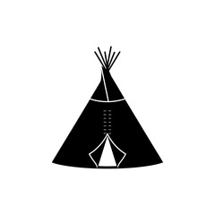 A simple black and white graphic of a teepee with a visible door and poles at the top of the tent © Nur