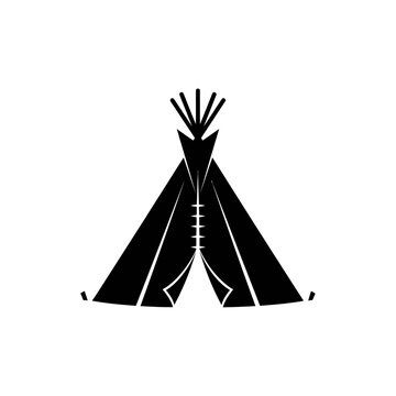 A black and white graphic illustration of a tipi with poles and a triangular shaped entrance