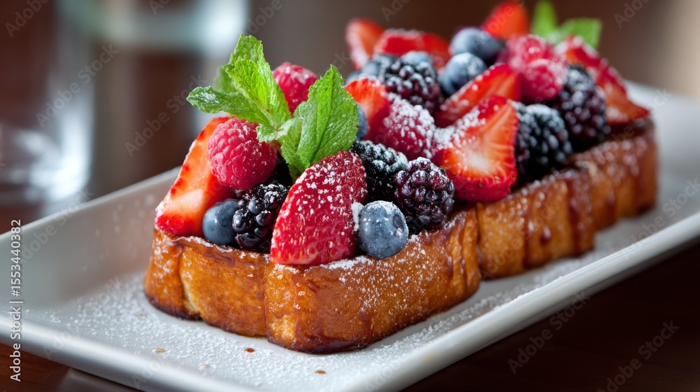 Aufkleber A close-up of honey toast topped with a colorful assortment of berries and a dusting of powdered sugar, creating a vibrant and inviting dessert.