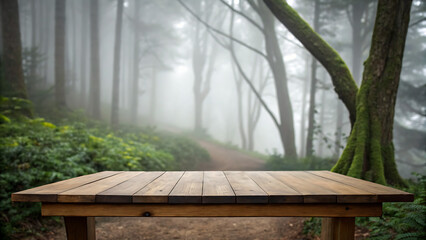 Fototapeta premium Wooden Table and Blurred Forest Background with Mist Showcase Your Product in Natural Light.