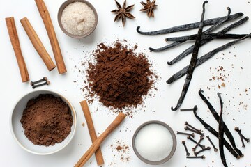 Culinary wizardry showcases cinnamon sticks and powder among aromatic spices, highlighting the artistry of flavor preparation in a minimalist setup