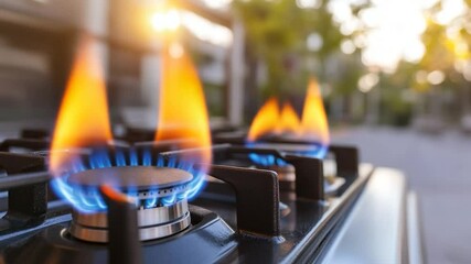 Gas burner flame ignite on outdoor stove cooktop for energy heating and efficient power consumption