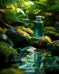Emerald Green Perfume Bottle standing on Velvety Green moss-covered rocks. Perfume Mockup Concept