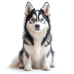 Obraz premium Majestic Black and White Husky with Striking Blue Eyes on white background. Generative AI