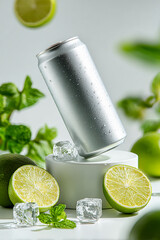Soft Drink Bottle Mockup with Green Lime and Ice Glass