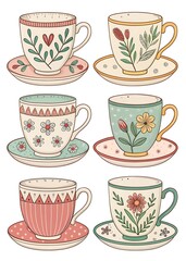 Obraz premium Collection of teacups and saucers with floral art