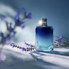 A Delicate Perfume Bottle on a Pristine White Marble with Lavender Flower