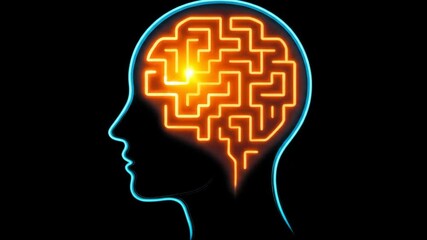 Glowing orange brain maze head silhouette profound thought, brilliant idea, intelligence, problem solving, mental activity