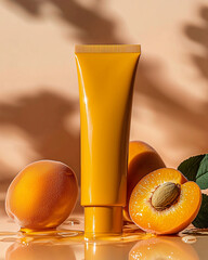 Orange Cosmetic Tube Mockup with Halve Fresh Apricot