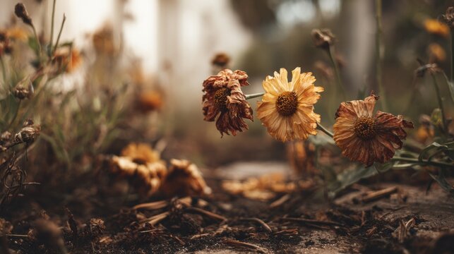Fototapeta A close-up of wilting flowers and dry soil in a garden, highlighting the effects of heatwaves and drought on agriculture and plant life due to rising temperatures