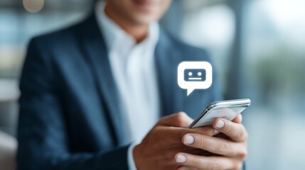 Businessman using AI chatbot conversation assistant in app on device for virtual assistance and customer support digital communication, Contact us Online service with AI Chatbot for efficient support