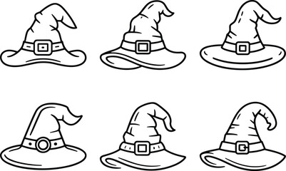 Set of Witch Hat Line Art Vectors – Hand-Drawn Magical Hat Collection for Halloween and Fantasy Themes