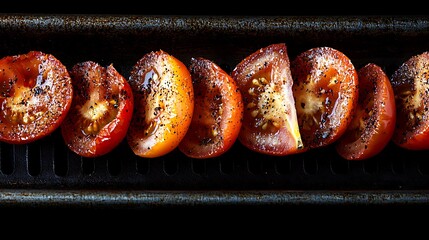 Close detailed view of torn tomato fragments stuck tightly within the gaps of an aged metal mesh