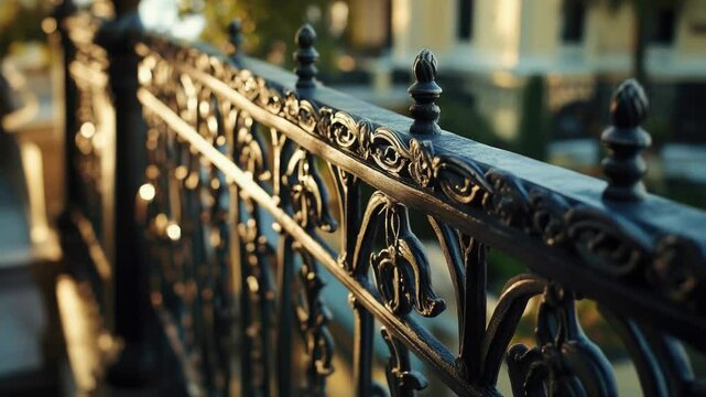 A close-up shot of a metal fence with a building visible in the distance