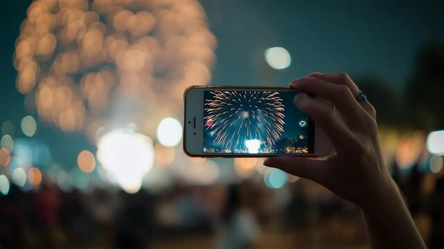 スマホ画面に映る決定的瞬間の花火撮影