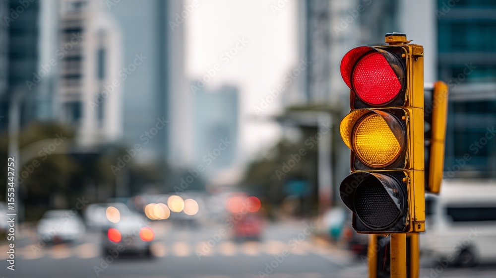 Poster A close-up view of a traffic light displaying a red signal, with bright colors against a blurred cityscape background, emphasizing its importance in road safety