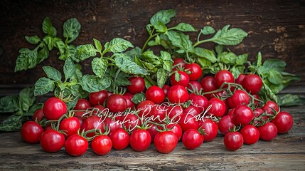 Rustic wooden floor with bright red tomatoes carefully placed to replicate the outline of Spain in a neat arrangement